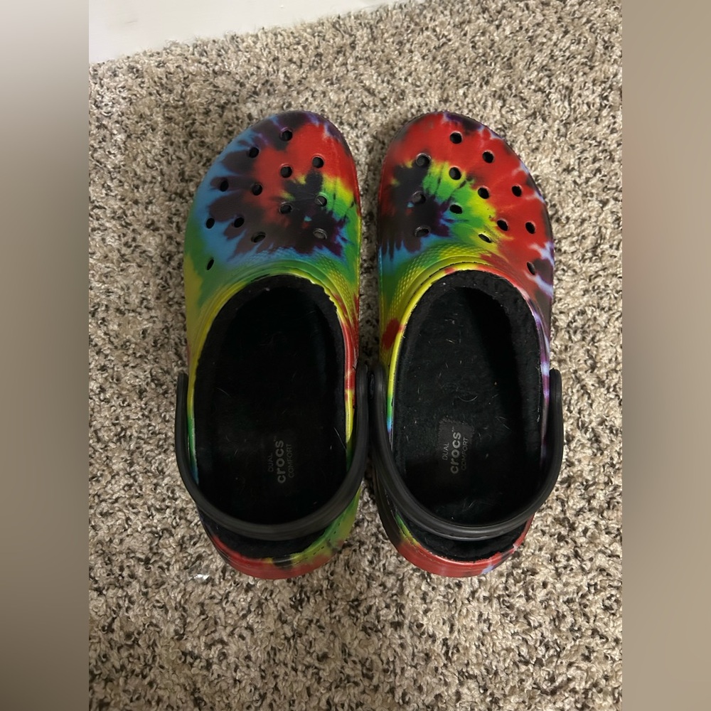 Crocs Tie Dye Rainbow Fuzzy Shoes